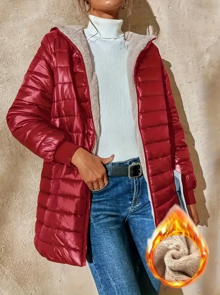 Kadın Uzun Kollu Kapşonlu Cep Detaylı Fermuarlı Orta Boy Mont ürün görseli