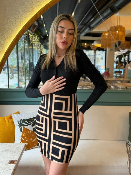 Kadın Uzun Kollu Kruvaze Yaka Labirent Desen Dalgıç Elbise - Resim 3