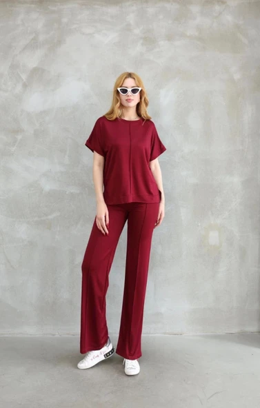 Osy Modal Yumuşak Dokulu Kumaş Bisiklet Yaka Kısa Kollu Takım - Bordo ürün görseli