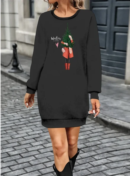 Kadın Uzun Kollu Bisiklet Yaka Desenli Kısa Viskon Iki Iplik Elbise ürün görseli