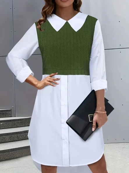 Kadın Uzun Kollu Gömlek Yaka çift Renkli Trikoton Elbise - Resim 2