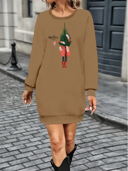 Kadın Uzun Kollu Bisiklet Yaka Desenli Kısa Viskon Iki Iplik Elbise ürün görseli