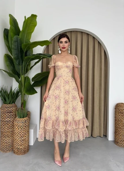 ŞİFON KUMAŞ DİJİTAL DESEN BASKILI ELBİSE - Resim 5