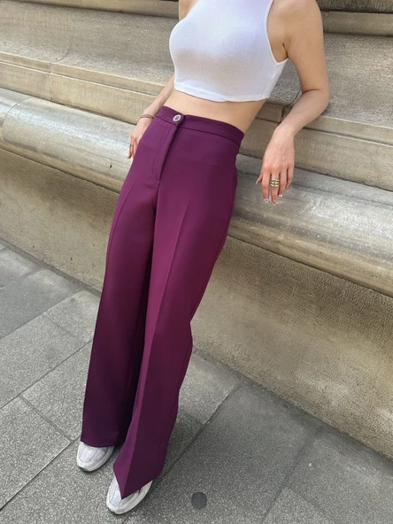 Yüksek Bel Palazzo Metal DüğmePantolon - Resim 3