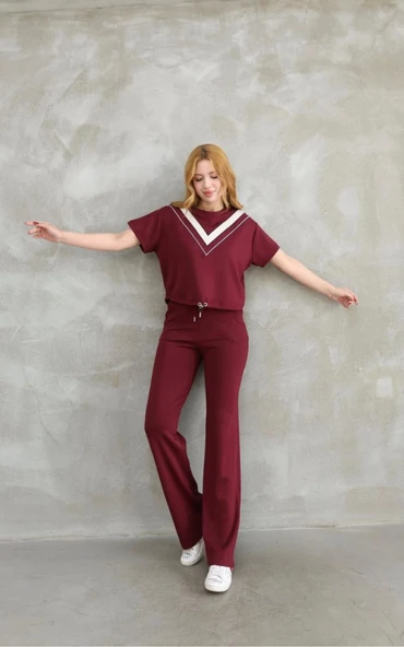 Osy Modal Yumuşak Dokulu Kumaş Bisiklet Yaka Parçalı Detaylı Kısa Kollu Takım - Bordo ürün görseli