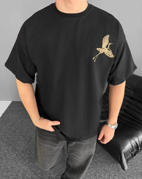 Ön Ve Arka Baskılı Oversize Bisiklet Yaka T-shirt - Siyah - Resim 2