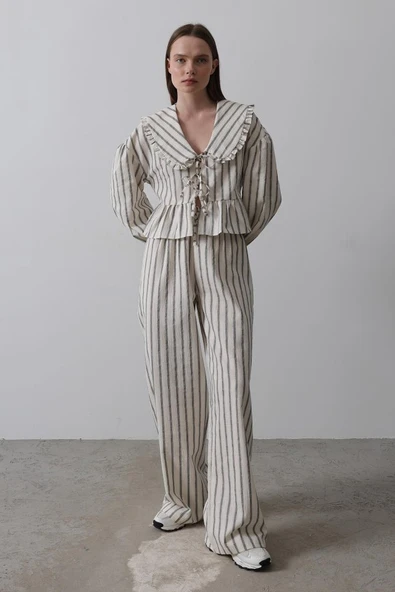 Bebe Yakalı Önü Bağlamalı Takım - Natür - Resim 2