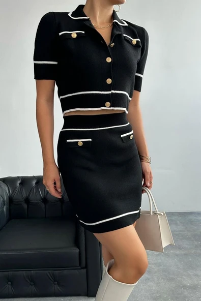 Kısa Triko Etekli Takım - Siyah-Krem - Resim 2