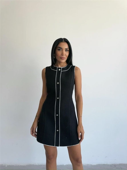 CHANEL KUMAŞ KISA ÖNDEN DÜĞMELİ ELBİSE - Siyah - 2