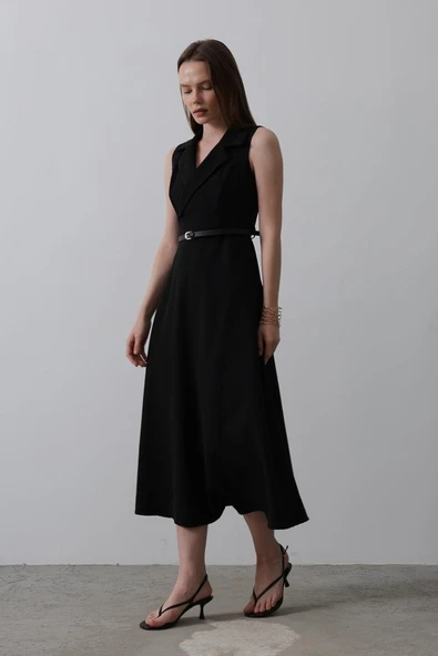 Sıfır Kollu Kemer Detaylı Elbise - Siyah - Resim 3