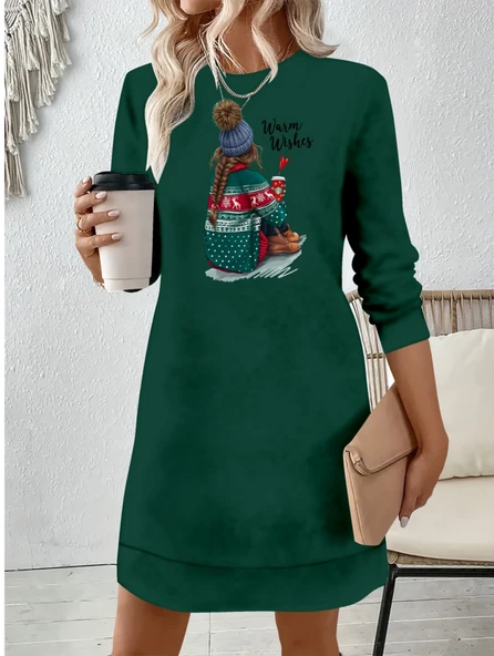 Kadın Uzun Kollu Bisiklet Yaka Desenli Viskon Iki Iplik Elbise ürün görseli