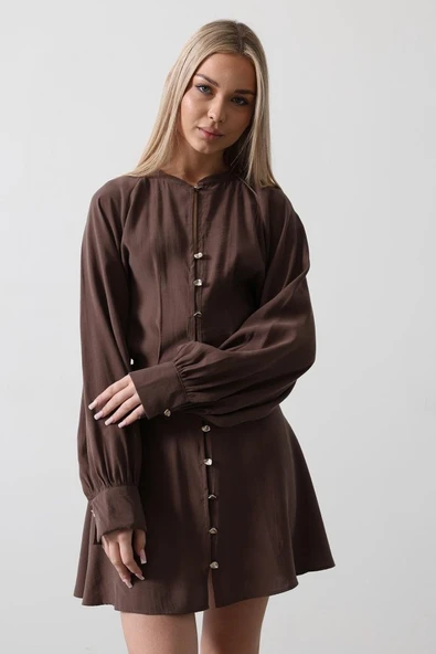 Gold Rengi Düğme Detaylı Elbise - Kahve - Resim 4