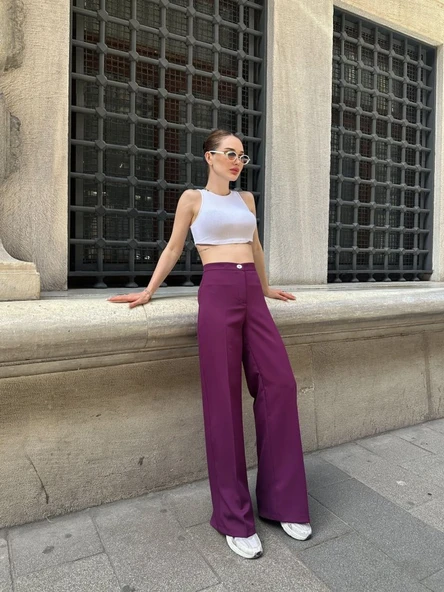 Yüksek Bel Palazzo Metal DüğmePantolon - Resim 4