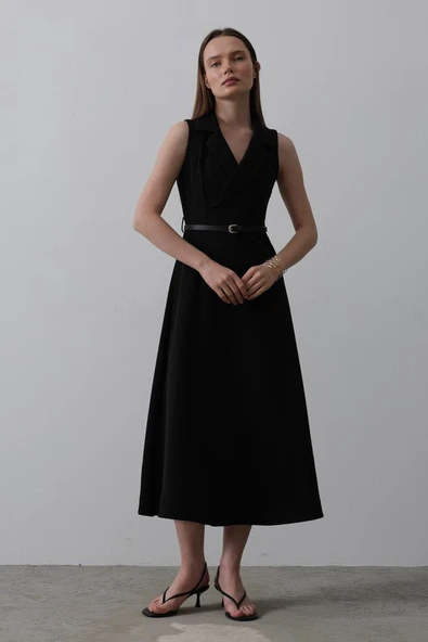 Sıfır Kollu Kemer Detaylı Elbise - Siyah - Resim 4