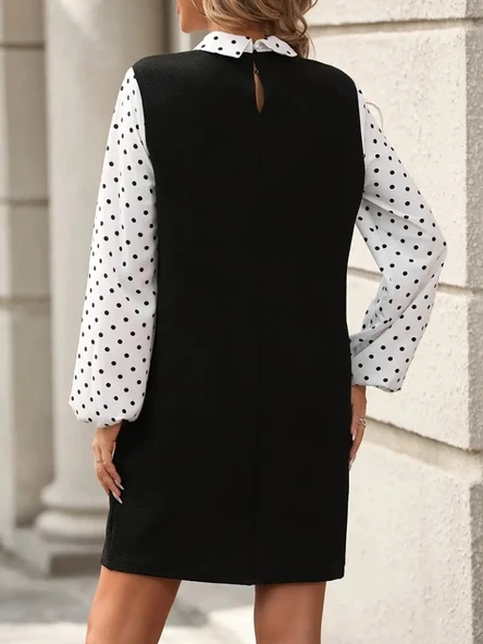 Kadın Uzun Kollu Yakalı Kol Ve Yaka Puantiye Detaylı Ithal Krep Elbise - Resim 5