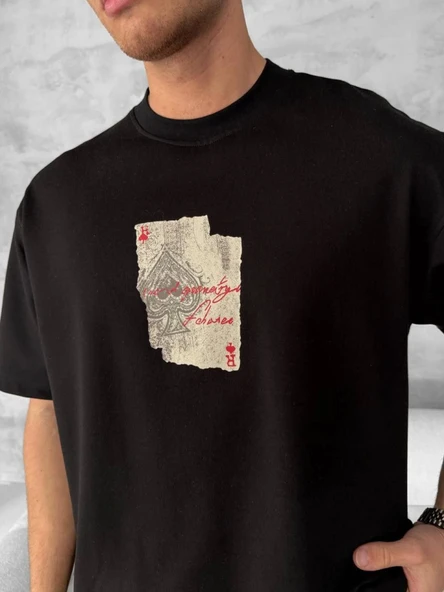 Ön Ve Arka Baskılı Oversize Bisiklet Yaka T-shirt - Siyah ürün görseli