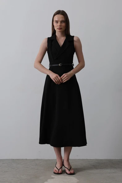 Sıfır Kollu Kemer Detaylı Elbise - Siyah - Resim 2