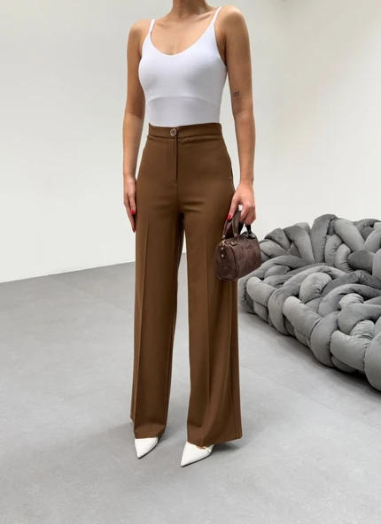 230 Gr Poly Viscose Lycra Metal Düğme Palazzo Pantolon - Resim 3