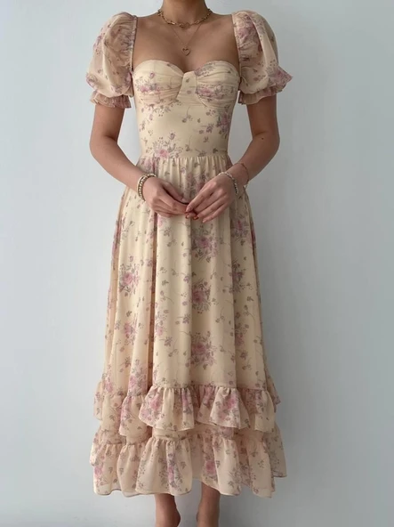 ŞİFON KUMAŞ DİJİTAL DESEN BASKILI ELBİSE - Resim 2