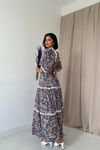 Desenli Sırtı Dekolteli Brode Elbise - Resim 4