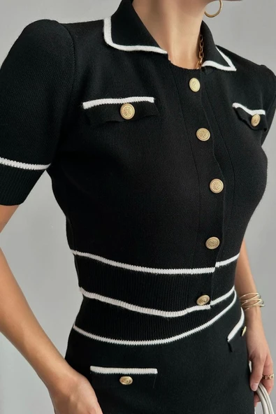 Kısa Triko Etekli Takım - Siyah-Krem - Resim 4