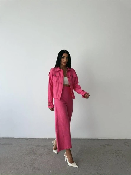 KETEN PÜSKÜL DETAYLI GÖMLEK-PANTOLON TAKIM - Fuşya - 3