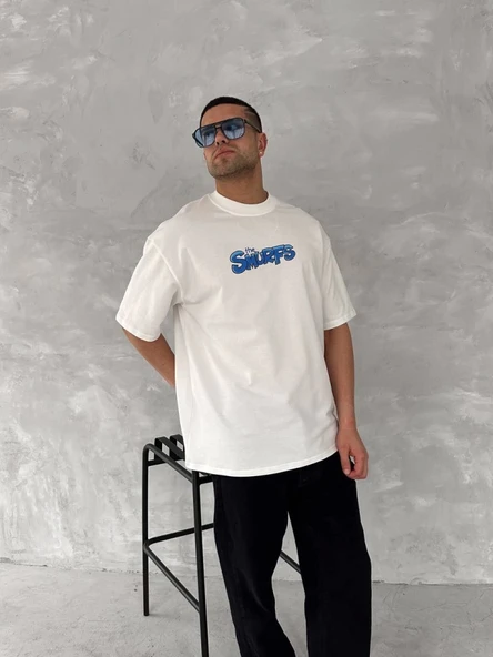 Ön Ve Arka Baskılı Oversize Bisiklet Yaka T-shirt- Beyaz - Resim 3