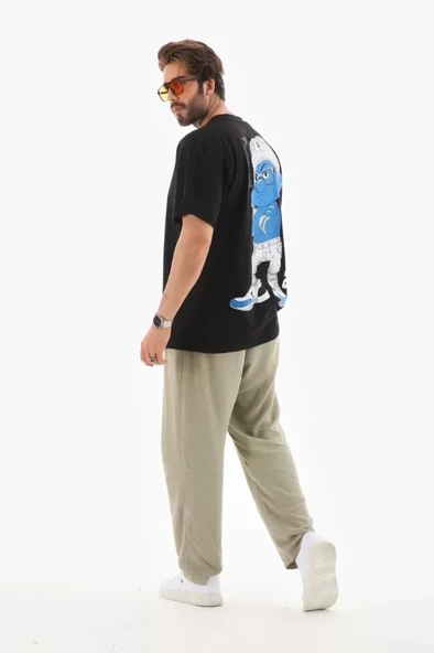 Unisex Bisiklet Yaka Baskılı Oversize T-Shirt - Siyah - Resim 3