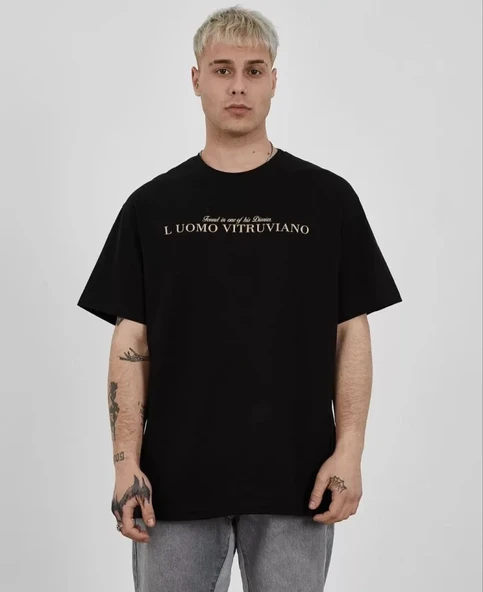 Unisex Bisiklet Yaka Baskılı Oversize T-Shirt - Siyah ürün görseli