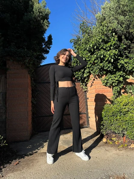 Kadın Yandan Bağlamalı Geniş Paçalı Fitil Kaşkorse İkili Takım - Resim 12