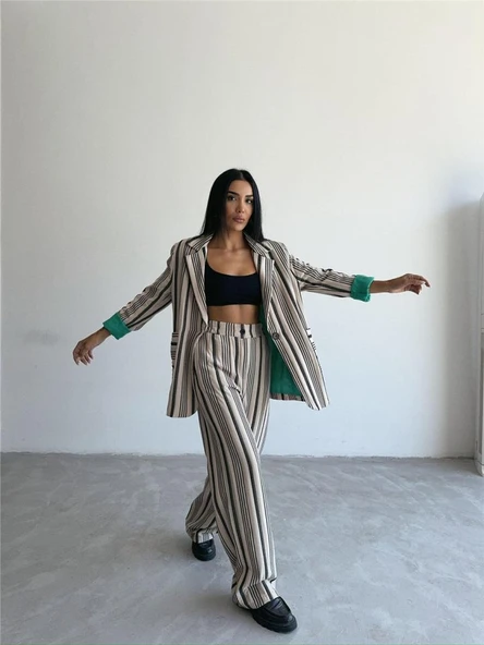 OTTOMAN ÇİZGİLİ CEKET-PANTOLON TK - Bej - Resim 4