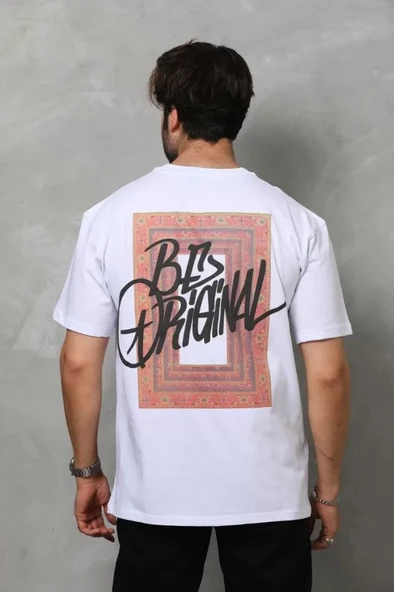 Unisex Bisiklet Yaka Baskılı Oversize T-Shirt - Beyaz - Resim 3