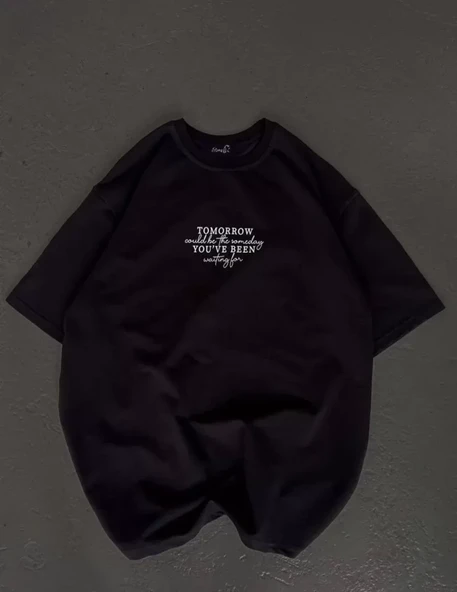 Unisex Bisiklet Yaka Baskılı Oversize T-Shirt - Siyah ürün görseli