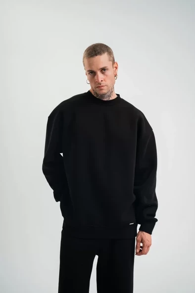 Uzun Kol Bisiklet Yaka Basic SweatShirt - Siyah - Resim 2