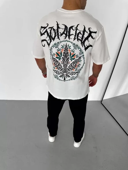 Unisex Bisiklet Yaka Baskılı Oversize T-Shirt - Beyaz - Resim 3