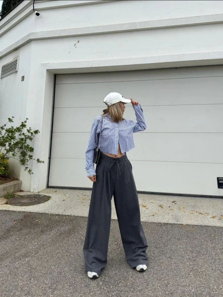 Bağcıklı Palazzo Bol Paça Pantolon - Gri ürün görseli