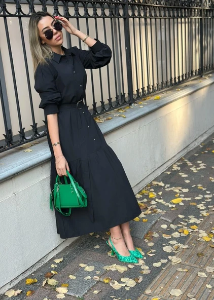 Kadın Uzun Kollu Yakalı önden Düğmeli Beli Metal Kemerli Dokuma Maksi Elbise - Resim 4