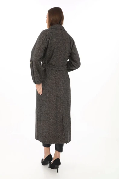 Kolu Apoletli Astarlı Kaşmir Kaşe Kaban - Füme - Resim 4