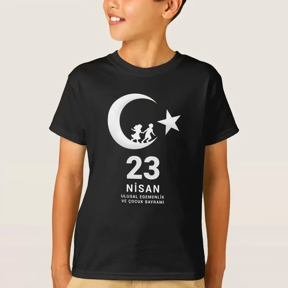 23 Nisan Çocuk Bayramı Baskılı Özel T-shirt - Siyah ürün görseli