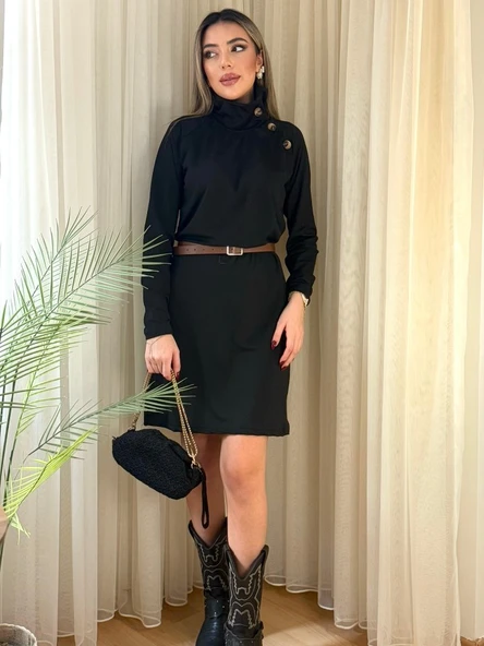 Kadın Uzun Kollu Balıkçı Yaka Düğme Detaylı Kısa şardonlu Dalgıç Elbise ürün görseli