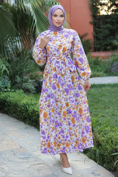 Kadın Uzun Çiçek Yaprak Desenli Belden Bağlamalı Elbise - Resim 3