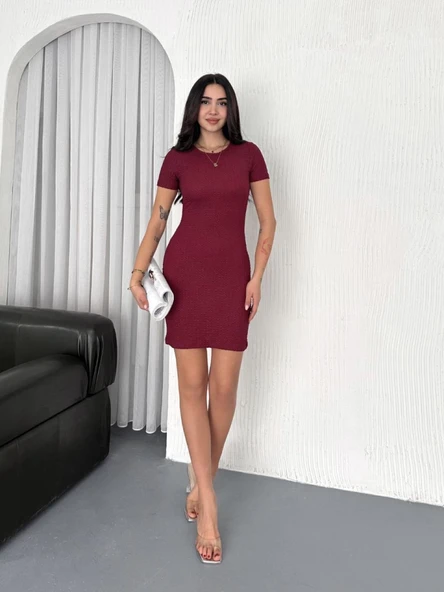 Bisiklet Yaka Kısa Kol Likralı Elbise - Bordo - Resim 2