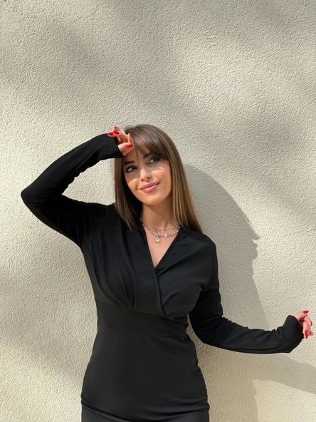 Kadın Uzun Kollu Kruvaze Yaka Krep Mini Boy Elbise - 4