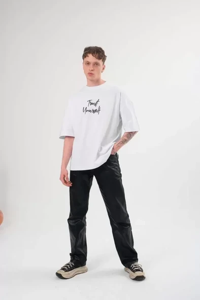 Unisex Bisiklet Yaka Baskılı Oversize T-Shirt - Beyaz - Resim 2