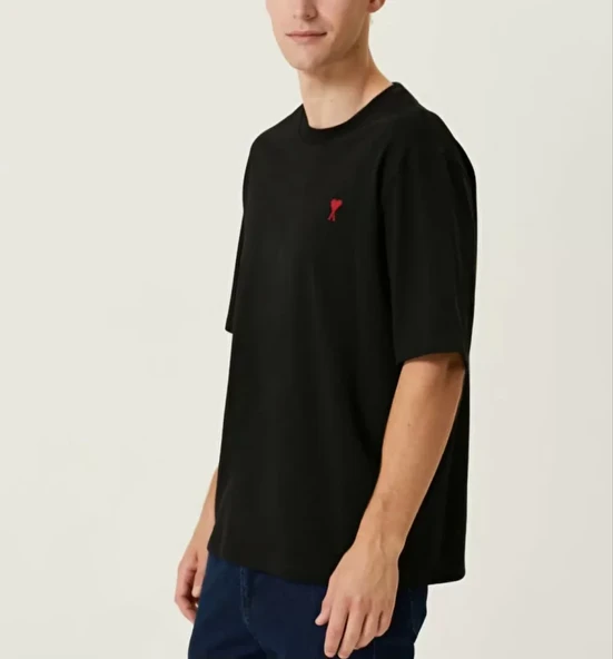 Unisex Bisiklet Yaka Baskılı Oversize T-Shirt - Siyah - Resim 2