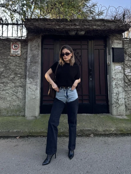 Jeans Kot Parçalı Palazzo Pantolon - Siyah - Resim 4