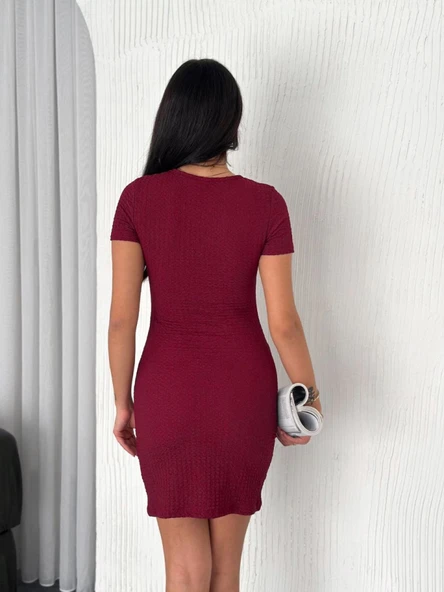 Bisiklet Yaka Kısa Kol Likralı Elbise - Bordo - Resim 3