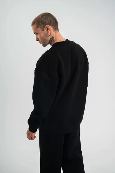 Uzun Kol Bisiklet Yaka Basic SweatShirt - Siyah - Resim 3