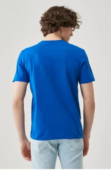 Unisex Düz Biskilet Yaka Oversize T-shirt - Mavi - Resim 3