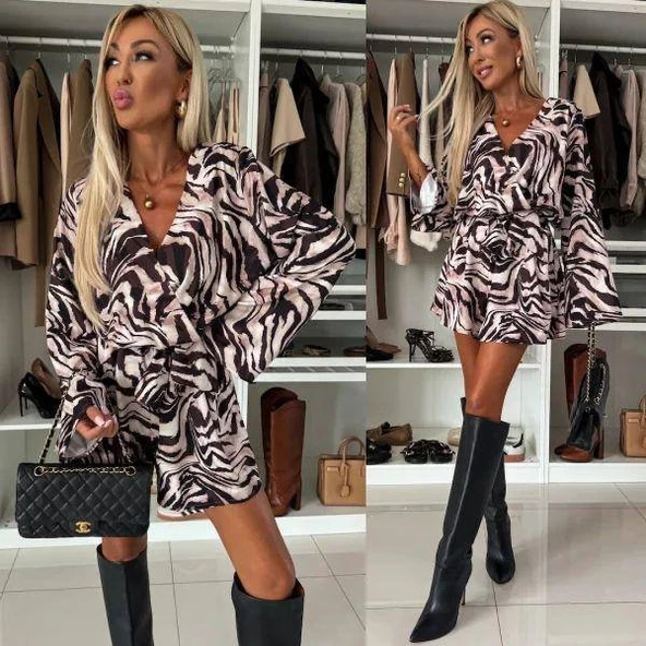 Kadın Salaş Kol Kruvaze Yaka Zebra Desen şort Tulum - Resim 2